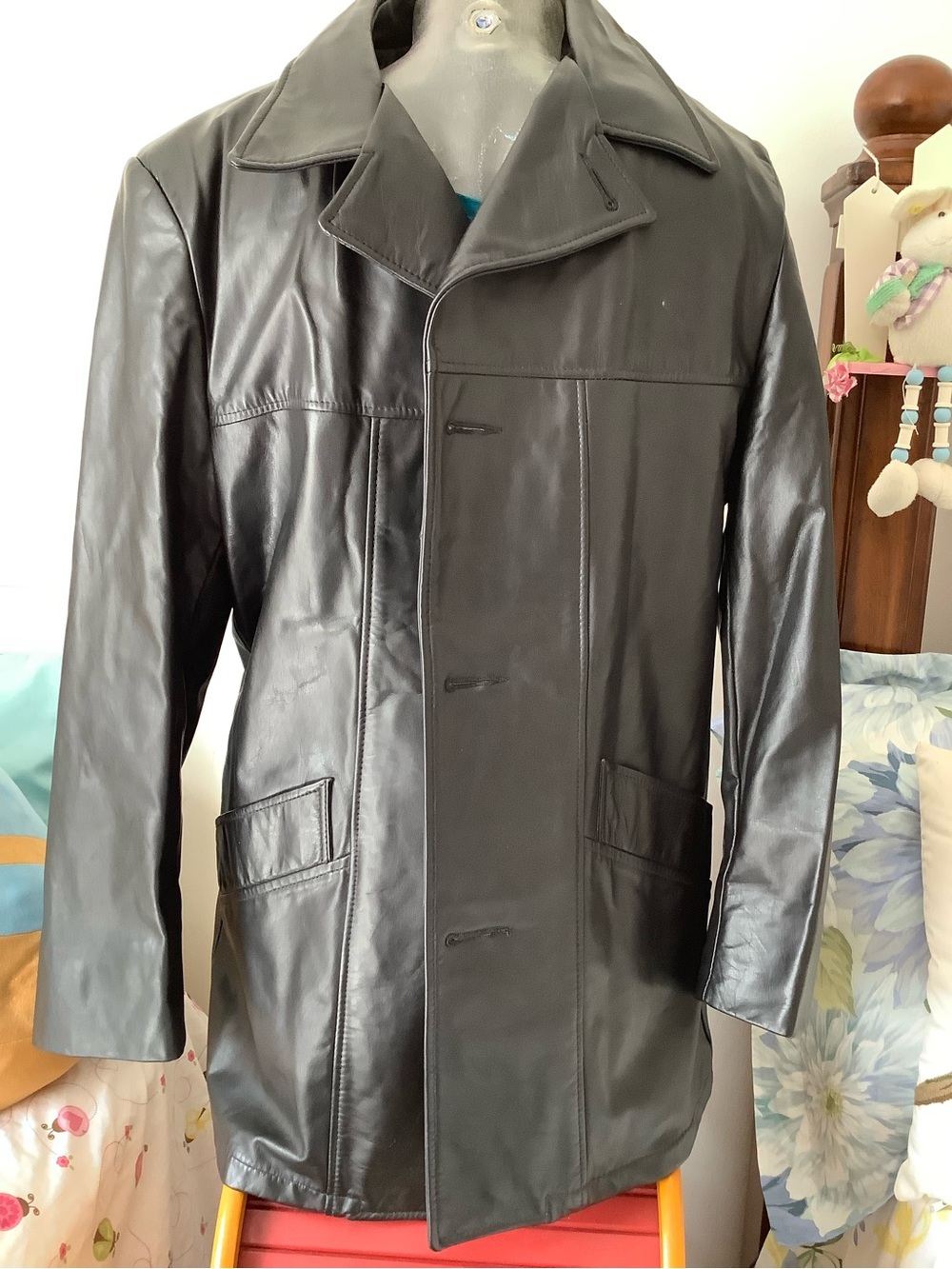 Men's Black Leather Coat - vintage London fog black leather coat -3/4 length